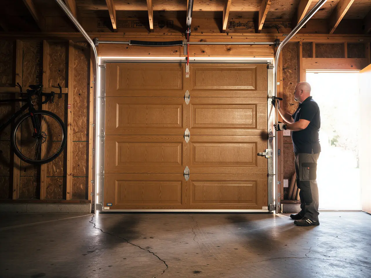 A technician adjusts a brown garage door with a bicycle hanging on the left wall.