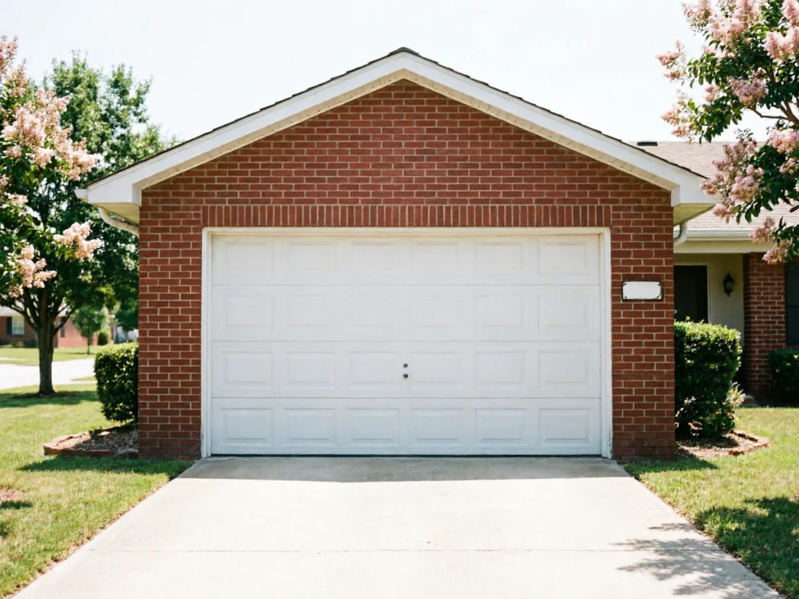 A white garage door is on a red brick house with a concrete driveway.